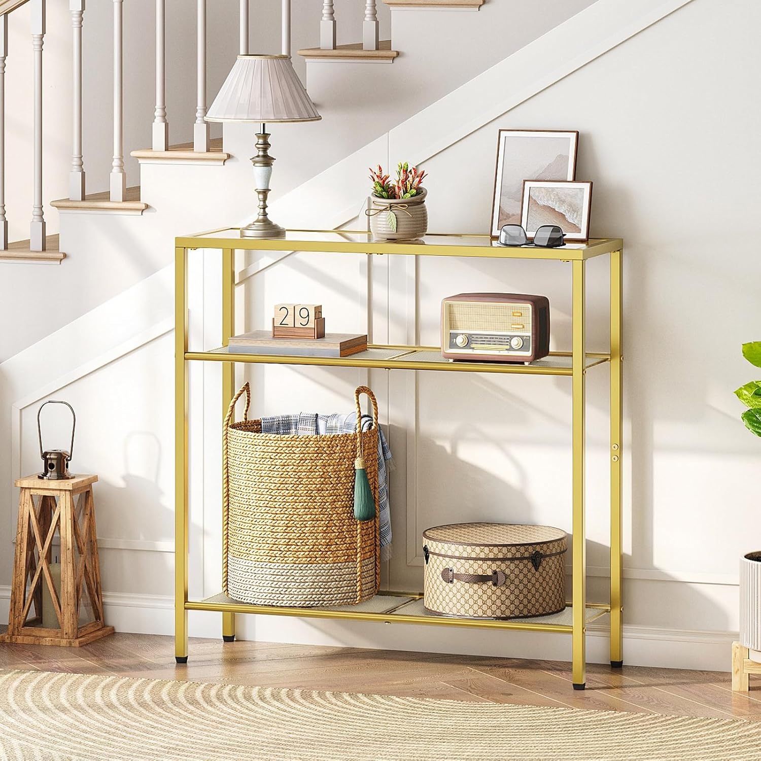 HOOBRO 29.5" Narrow Console Table, 3-Tier Tempered Glass Sofa Table, Small Side Table, Modern Entryway Table, for Entrance, Living Room, Foyer, Hallwa