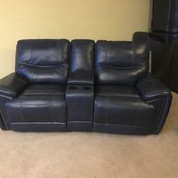 Dark Blue Leather Dual Power Reclining Couch