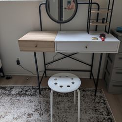 Vanity with mirror and stool