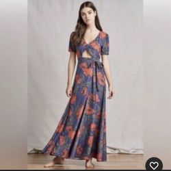 Tularosa Jess Poppy Print Floral Cutout Maxi Dress Blue Orange Sz S