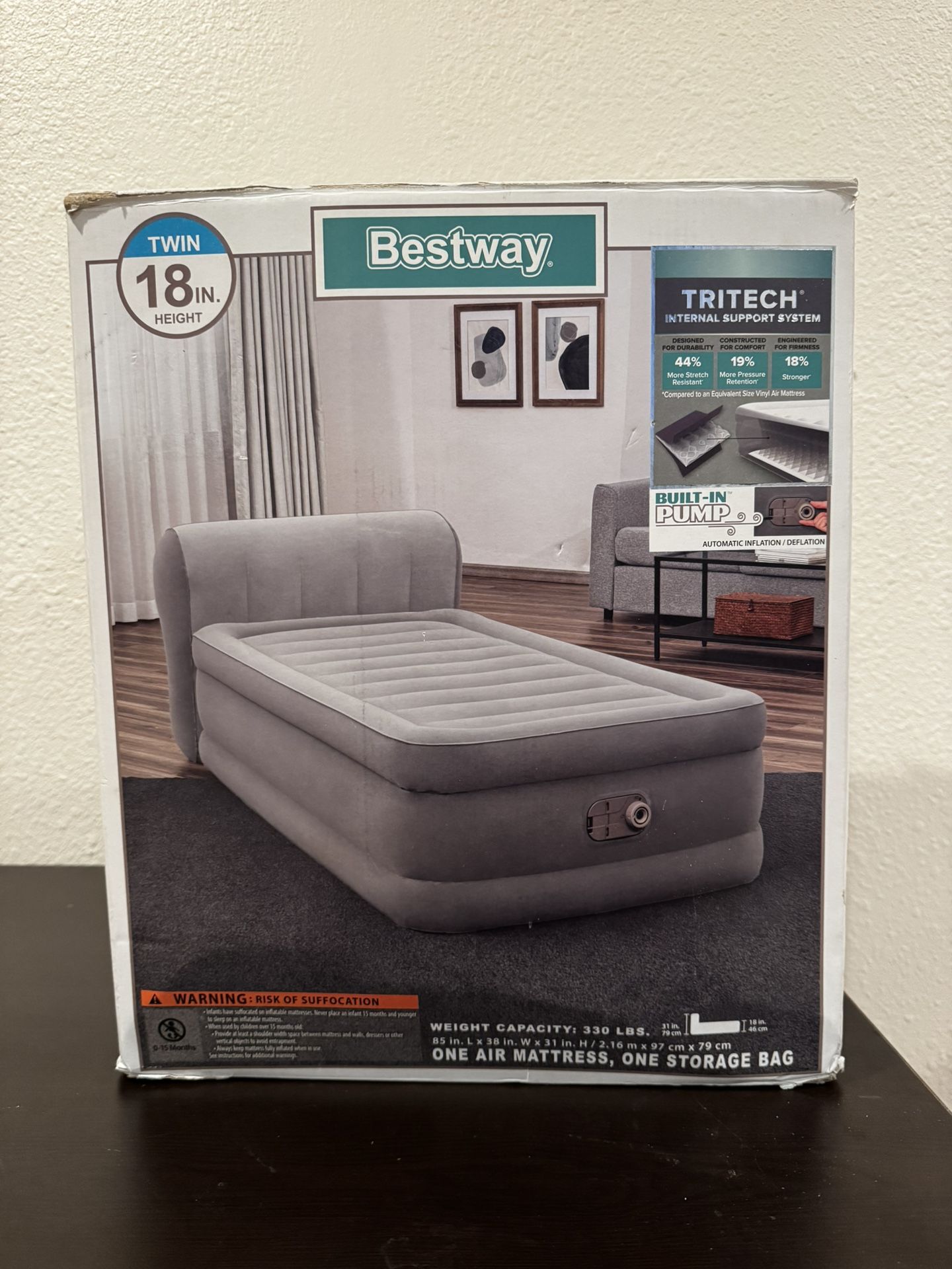 Bestway Headboard Tritech Airbed Twin 18" with built-in Air pump