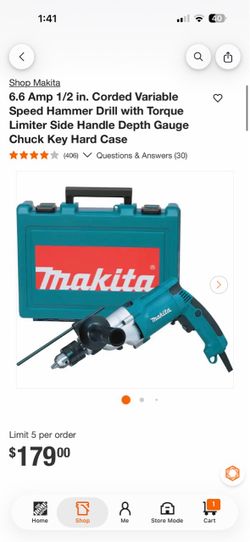 Shop Makita 6.6 Amp 1/2 in. Corded Variable Speed Hammer Drill with Torque Limiter Side Handle Depth Gauge Chuck Key Hard Case
