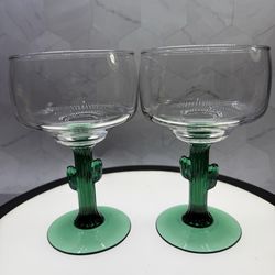 Set of (2)Vintage Libbey Cactus Margarita glasses featuring a green juniper stem and base.