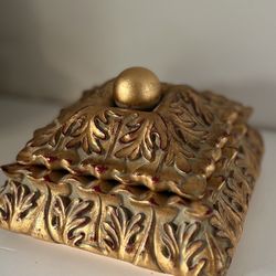 Gold Toned Trinket Box With Leaves & Red Accents