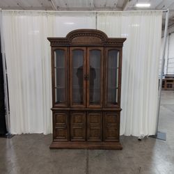 Brown Wood Arched China Cabinet with Glass Doors