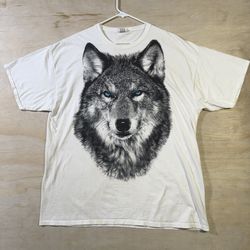 Vtg Wolf Shirt Big Face Graphic Tee y2k Nature Mens 2XL