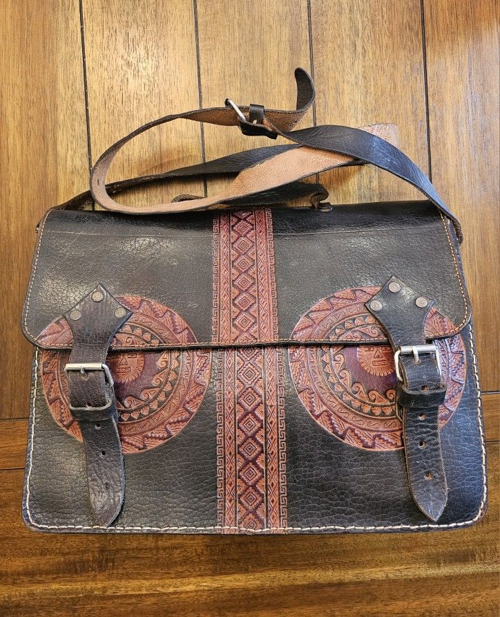 INCA GOD inspired PERUVIAN LEATHER bag- LARGE - VINTAGE / AUTHENTIC