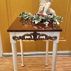 Small dark stained table with pearlized legs-NEWLY REFINISHED 