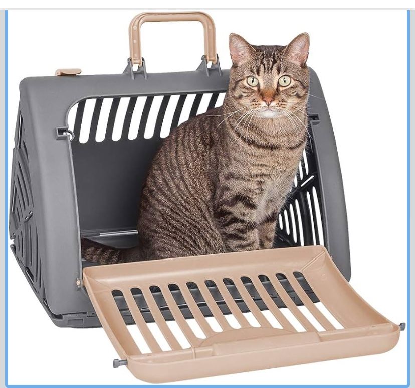 SportPet Designs Foldable Travel Cat Carrier - Front Door Plastic Collapsible Carrier, Gray and Tan