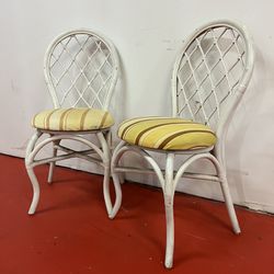 Vintage Pair Coastal White Rattan Chairs 