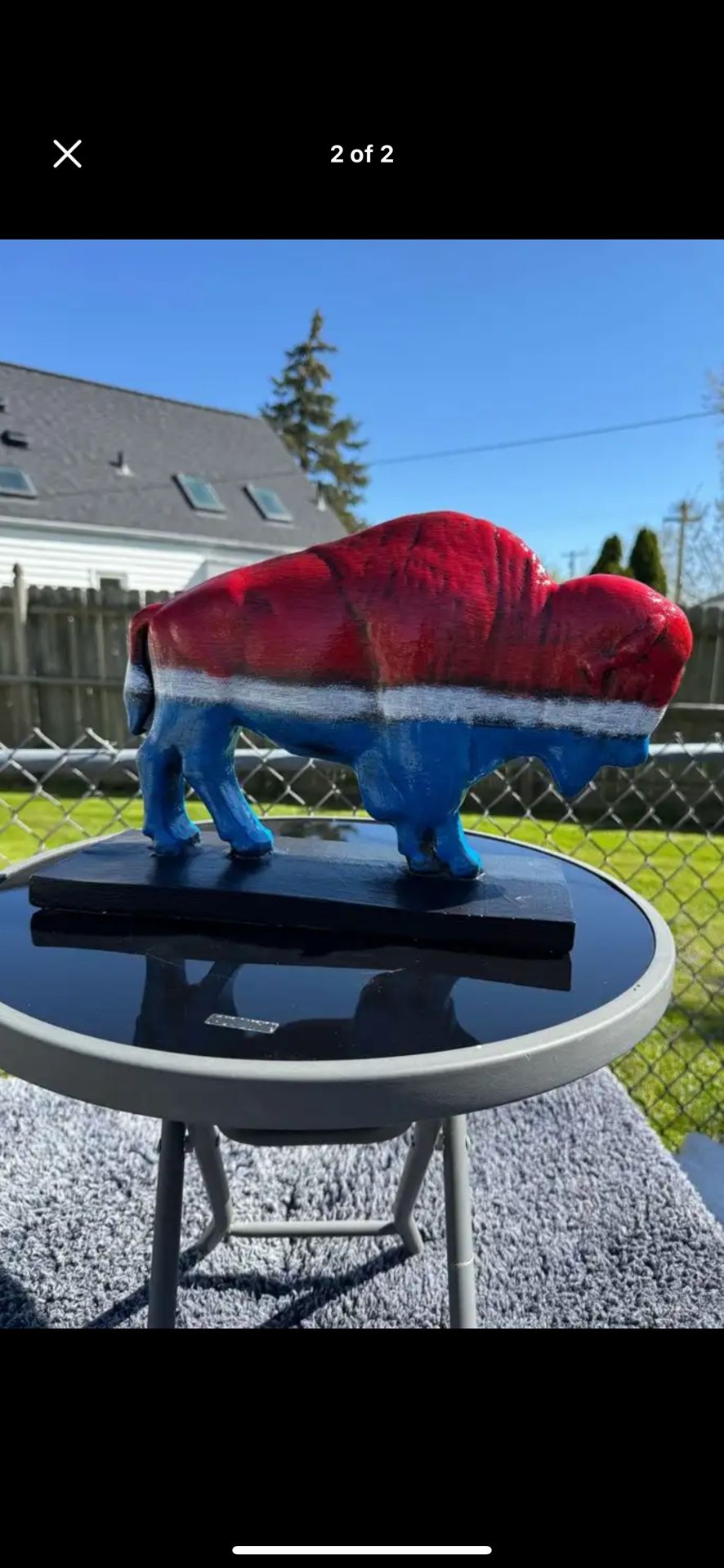 The red white and blue buffalo statue