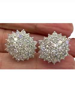 Cluster 18k 750 White Gold Diamond Pierced Earrings 3.00tcw 1" 10.5gm