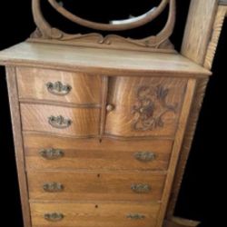 Antique Serpentine Tiger Oak Dresser With Harp-mounted Mirror
