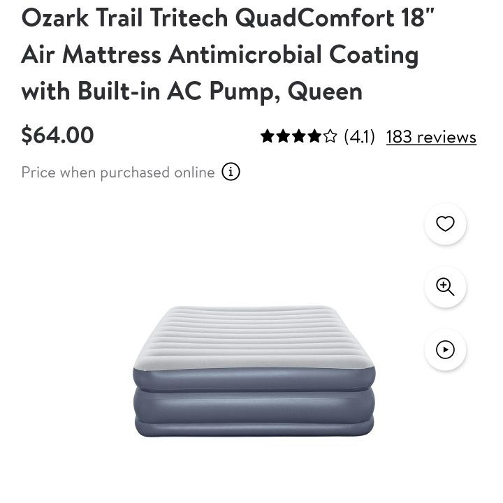 Ozark Trail Tritech QuadComfort 18 Air Mattress Antimicrobial Coating with Built-in AC Pump, Queen