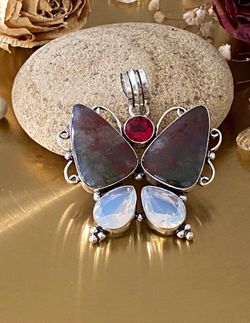 Moss Agate Butterfly, Opalite And Garnet S925 Sterling Silver Overlay Pendant