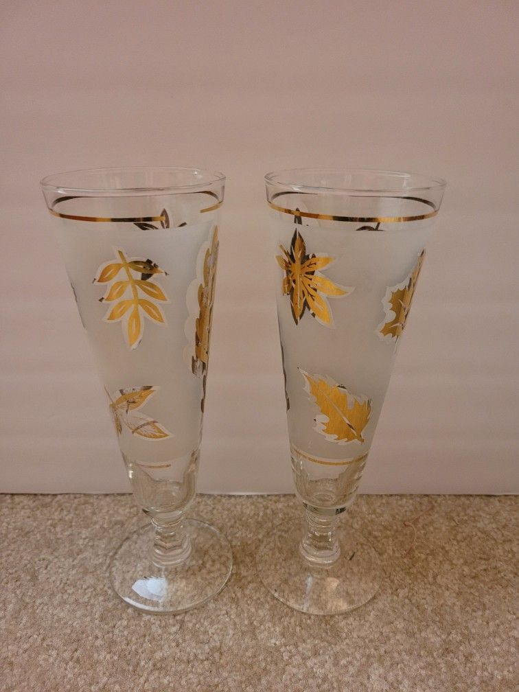 Pair of Vintage Frosted Bar Glasses with Gold Accessories and Trim