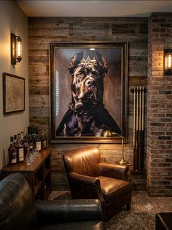 Portrait Mastiff dog adorned w/ delicate golden crown and a heavy chain collar