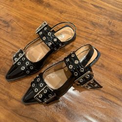 A Pair Wide Buckle Ballet Flats For Women Pointy Toe Slingback Flats Square Toe Dressy Flats Block Heel Pumps Ballerina Shoes size 8