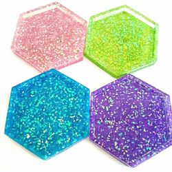 Multicolored Iridescent glitter resin coasters set of 4 purple pink blue green