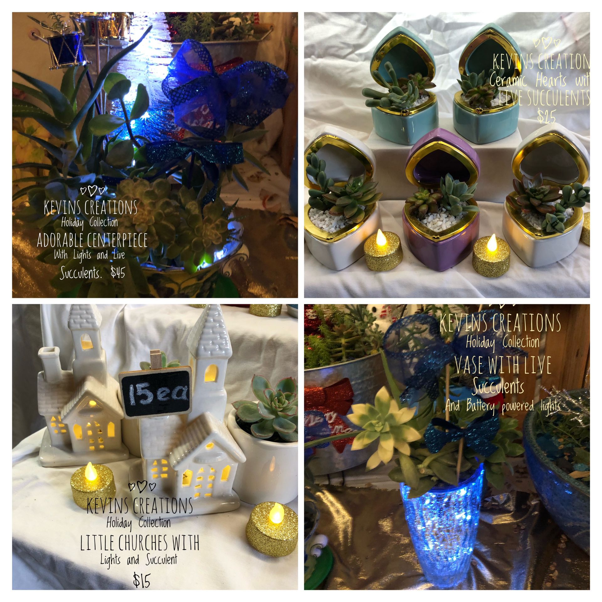 Kevin’s Creations Holiday Collection Beautiful Succulent Arrangements With Battery Powered Waterproof Lights 