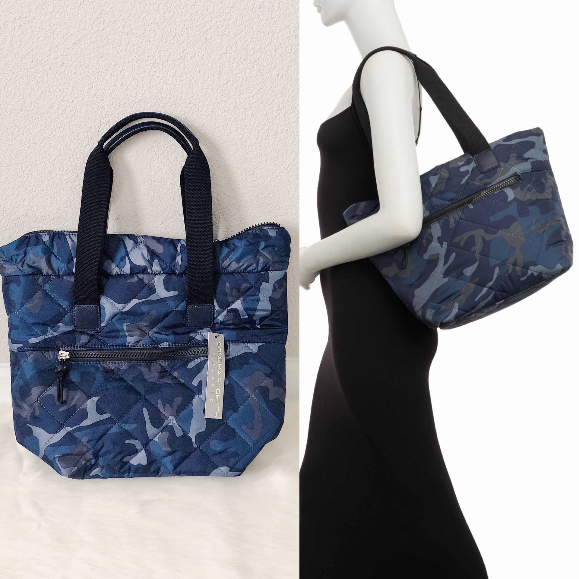 ✨New SR SQUARED By SONDRA ROBERTS Quilted Camouflage Nylon Tote Bag Blue