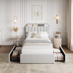 Twin Bed Frame with Storage Headboard, Kids Bed Frame with 2 Drawers, Boucle Upholstered Platform Bed with Bookcase, No Box Spring Needed, Easy Assemb