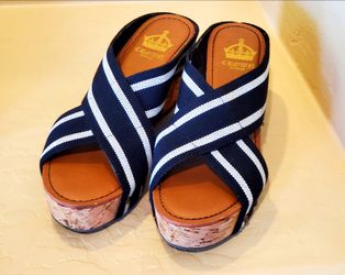 Sz 10 Crown Vintage Cork Wedge Blue White Sandals Espadrilles Shoes