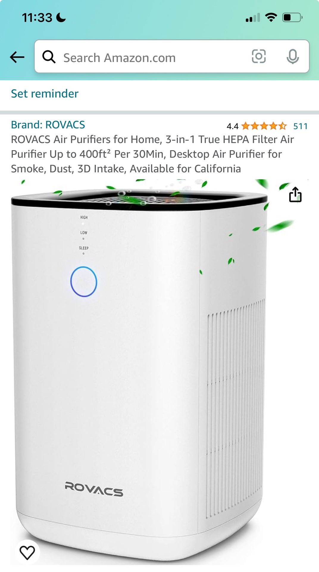 (3) ROVACS Air Purifiers for Home, 3-in-1 True HEPA Filter Air Purifier Up to 400ft² Per 30Min, Desktop Air Purifier for Smoke, Dust, 3D Intake