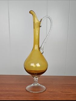 Vintage Amber Glass Pitcher with Twisted Clear Handle