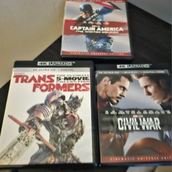 3 4k Bluray Movies. 1 Transformers 5disc BOX Set. 2 Captain America 