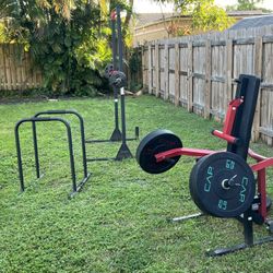 Chest Press Machine + Power Rack + Barbell w/ Weights & Dip Bar 