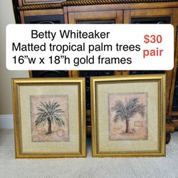Betty Whiteaker 16”x 18” Matted Tropical Botanical Palm trees wall art print with gold frames