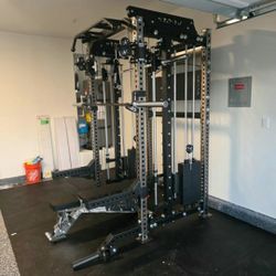 NEW Squat Rack Smith Machine Functional Trainer Cable Cross Over  Adjustable Bench Press 45lb Barbell Bumper Plates Home Gym 