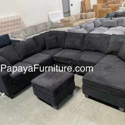 New 113” Chennile Sectional Couch, U-Shaped Sectional Sofa, Couch, Sectionals, Sectional And Ottoman, Couch, Black Sectional, Reversible Chaise Sofa