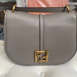 FENDI C’mon Leather Handbag Taupe Dove Gray Full Grain Leather Crossbody 