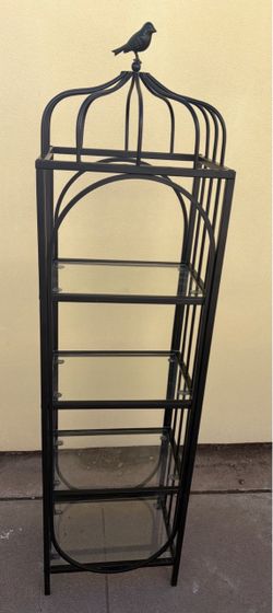 Vintage Birdcage Baker's Rack – Black Metal & Glass Plant Stand / Bookshelf