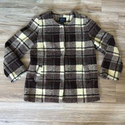 Sanctuary Women's Plaid Brown Black and Cream Teddy Jacket Coat Large