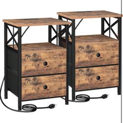 AMHANCIBLE Night Stand Set 2, Nightstand with Charging Station, End Tables Living Room with USB Ports and Outlets, Bedside Tables with Fabric Drawers 