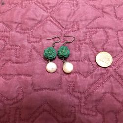 Turquoise Cinnabar Dangle Earrings With Blister Pearl