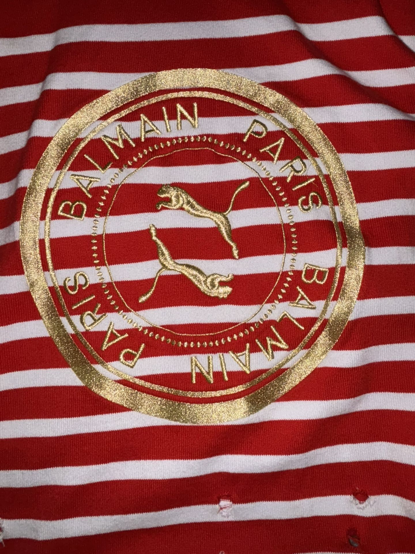 Balmain x Puma Collaboration Distressed White And Red long Hooded Sweater,All Products : American Fashion Style Bags On Sale