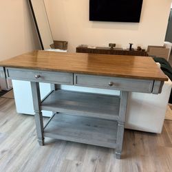 Solid Wood Kitchen Island Table w/ Drawers & Shelves - grey/brown