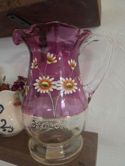 Antique Victorian Bohemian Enameled Art Glass Pitcher – c. 1(contact info removed) (Rough Pontil Base)