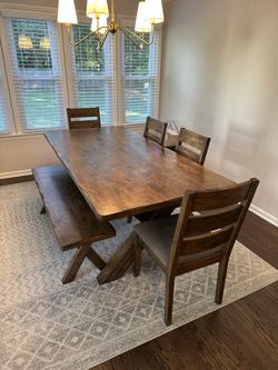 Rustic Wood Dining Table with Bench and 4 Chairs