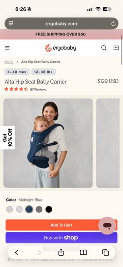 Ergobaby Alta Hip Seat Baby Carrier Toddler Carrier