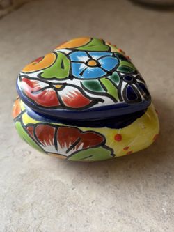 Talavera Style Hand Painted Mexican Pottery Trinket Box 