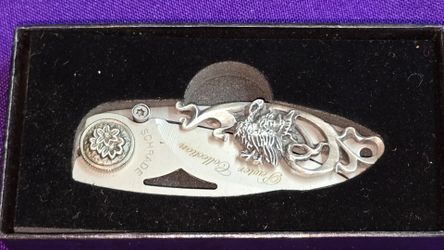 Vintage Collectible Schrade Pewter Collection Turkey (SCWST) folding pocket knife from the Wildlife Series, presented in its original display box.