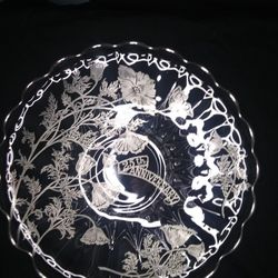 Vintage clear Glass Lg Dish with Silver Overlay for 25th Anniversary