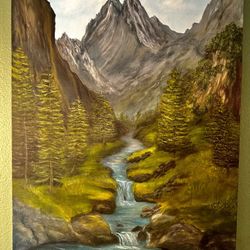 Mountain Landscape River Waterfall Painting 