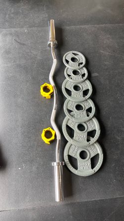 OLYMPIC CURLBAR AND WEIGHTS