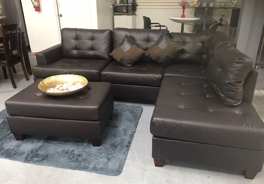 Brand New Espresso Color Faux Leather Sectional Sofa +Ottoman (New In Box)